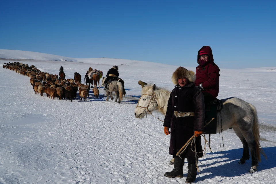 Hydirjan and fellow herders lead their animals across the snowy Altai, a winter migration in motion