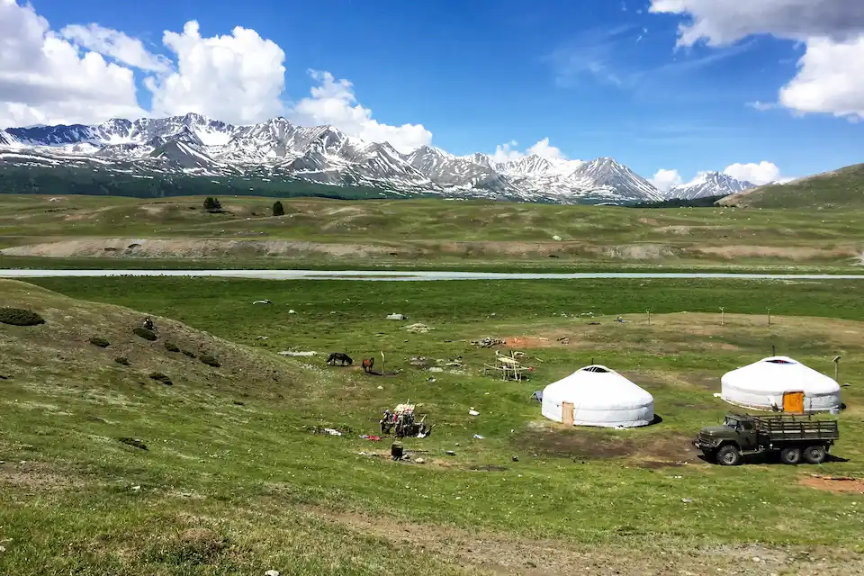 Nomadic spring pasture with yurts, horses, and snow-capped Altai Mountains in Western Mongolia